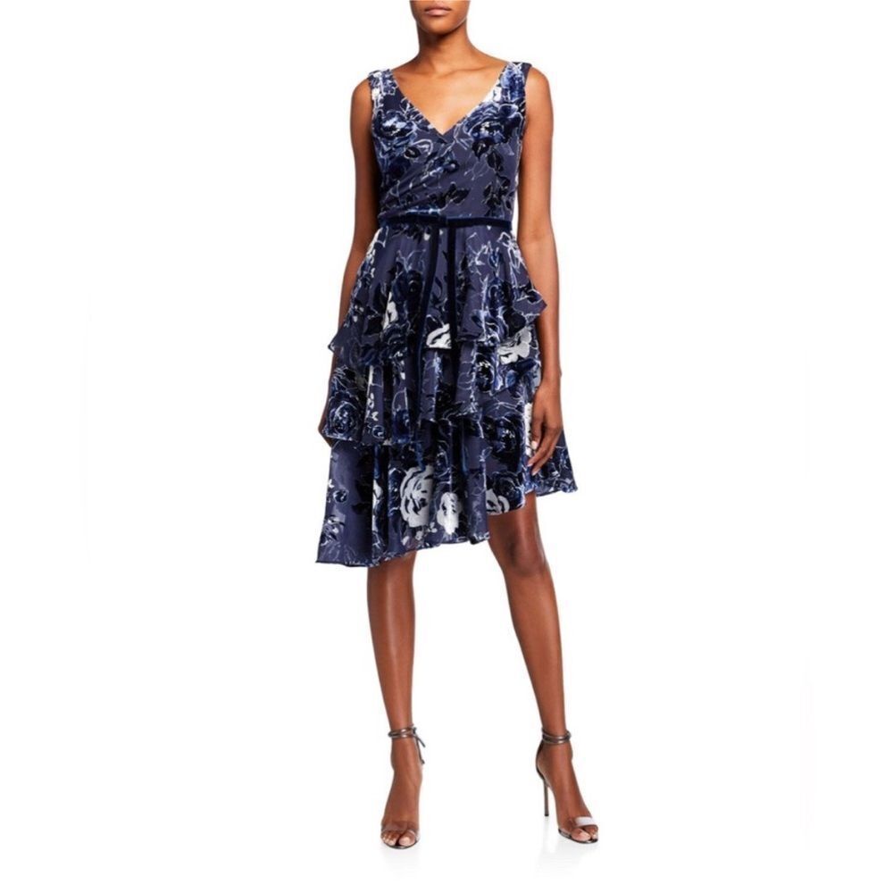 Marchesa Navy Blue Floral Velvet Textured Tiered Cocktail Midi Dress | Size 4